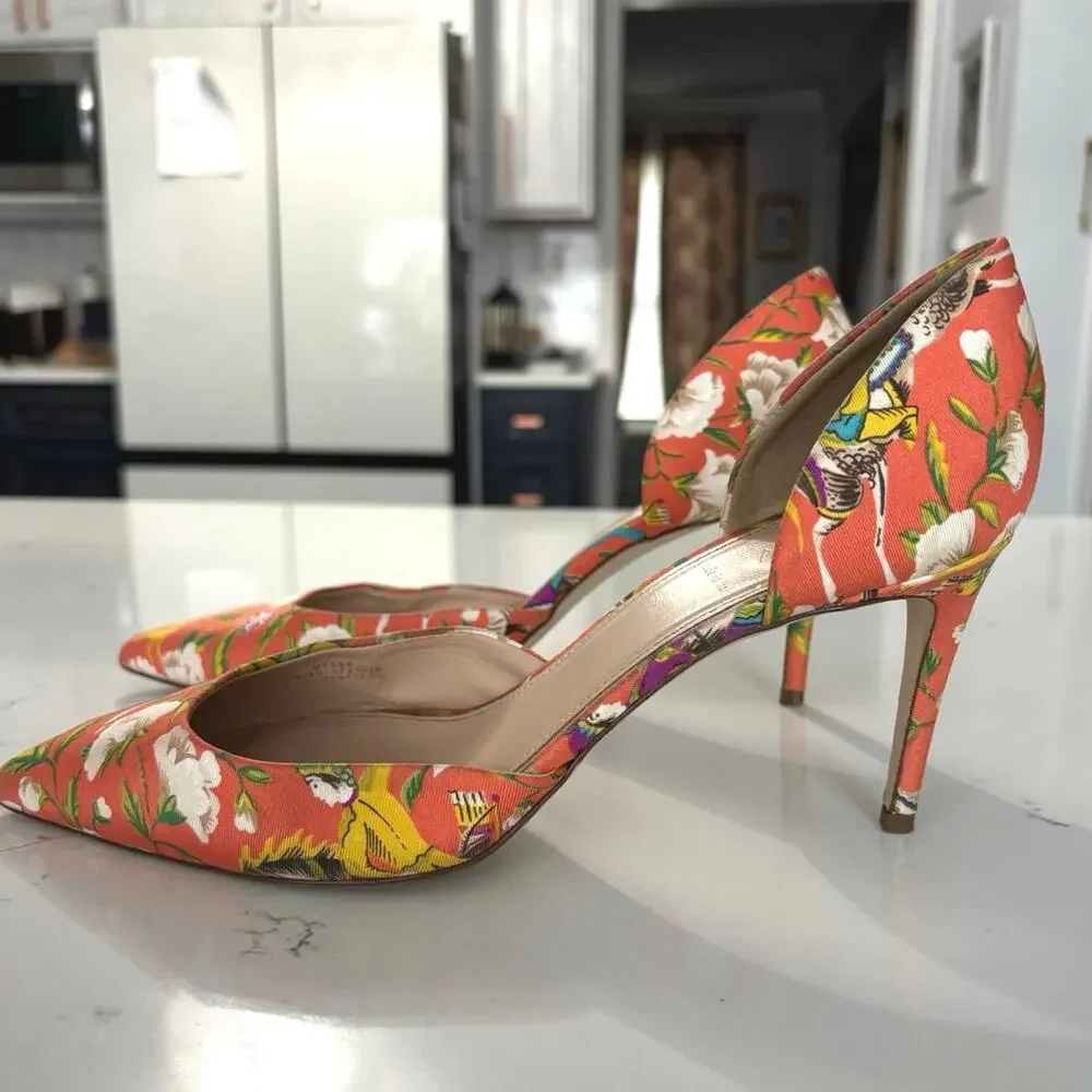 J.Crew Silk Lucie dorsay Pumps sz 8.5 Sweet Orange floral made in Italy chic
